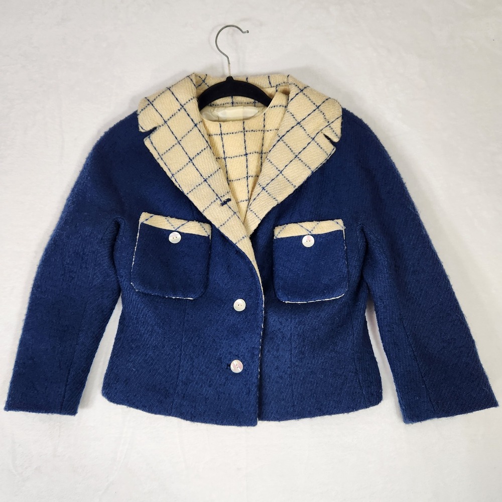 Vintage 1960s Arthur Jay 2 Piece Jacket and Vest Set Blue Windowpane Check XS